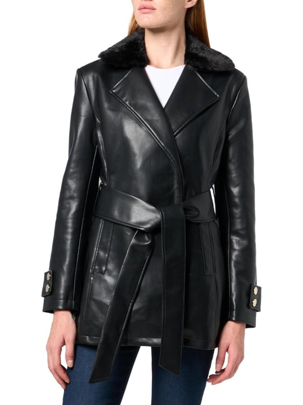 Guess Women's Jet Black Margaux Mid Length Notch Collar Faux Leather Trench Coat